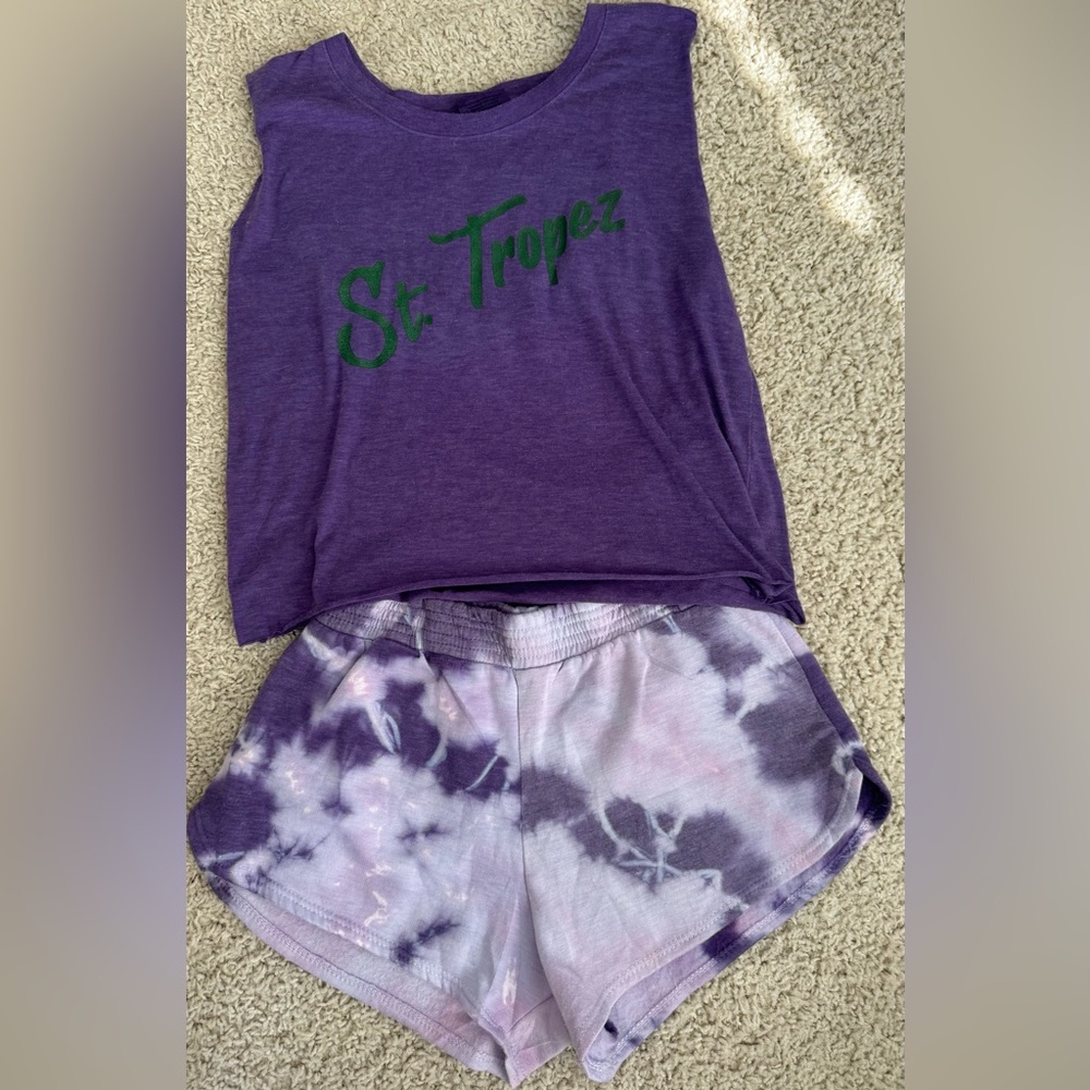 Firehouse Purple St. Tropez Tank and Tie-Dye Shorts Set XL (size 14) runs small